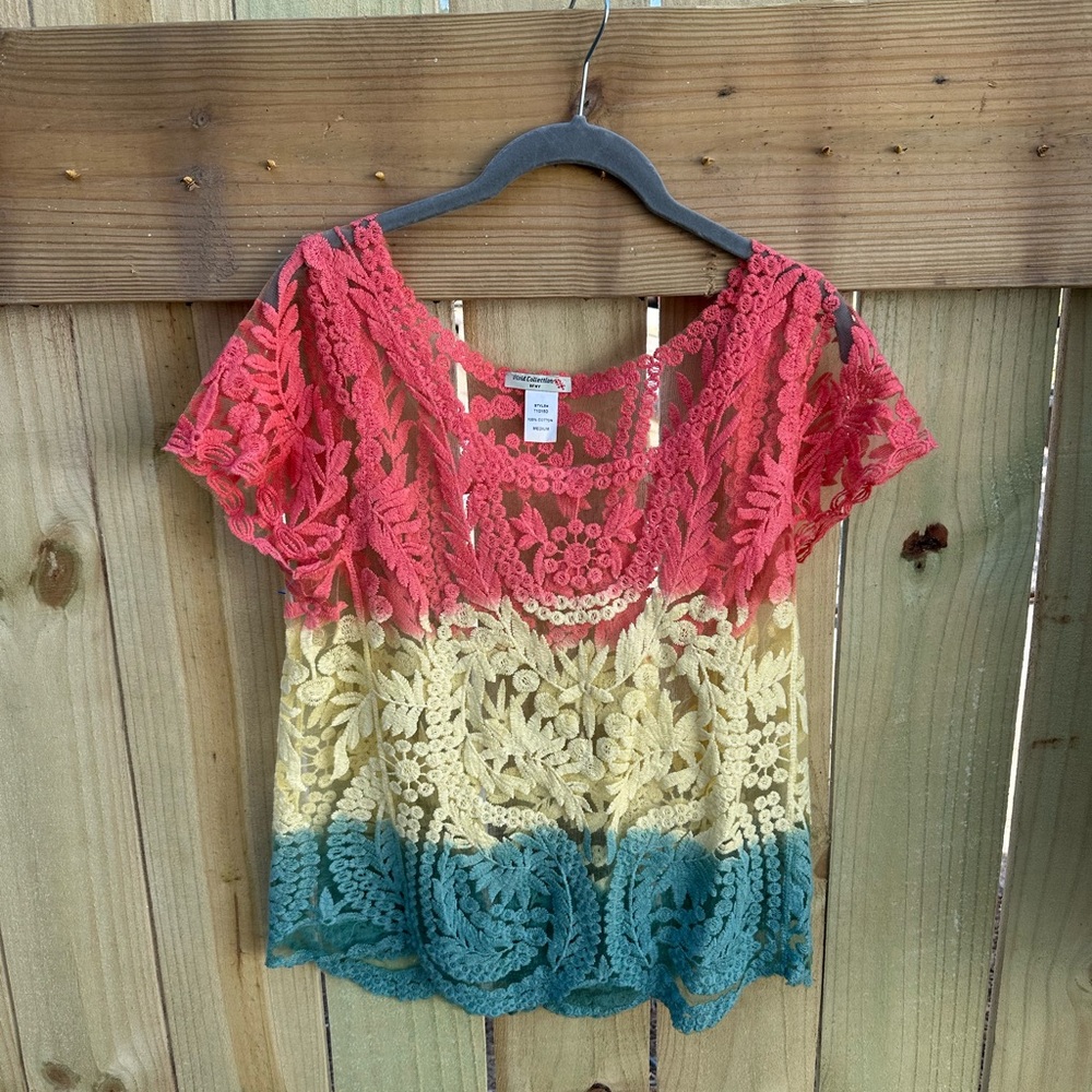 Vivid Collection Multicolored Cropped Sheer Floral Lace Flutter Sleeve Blouse